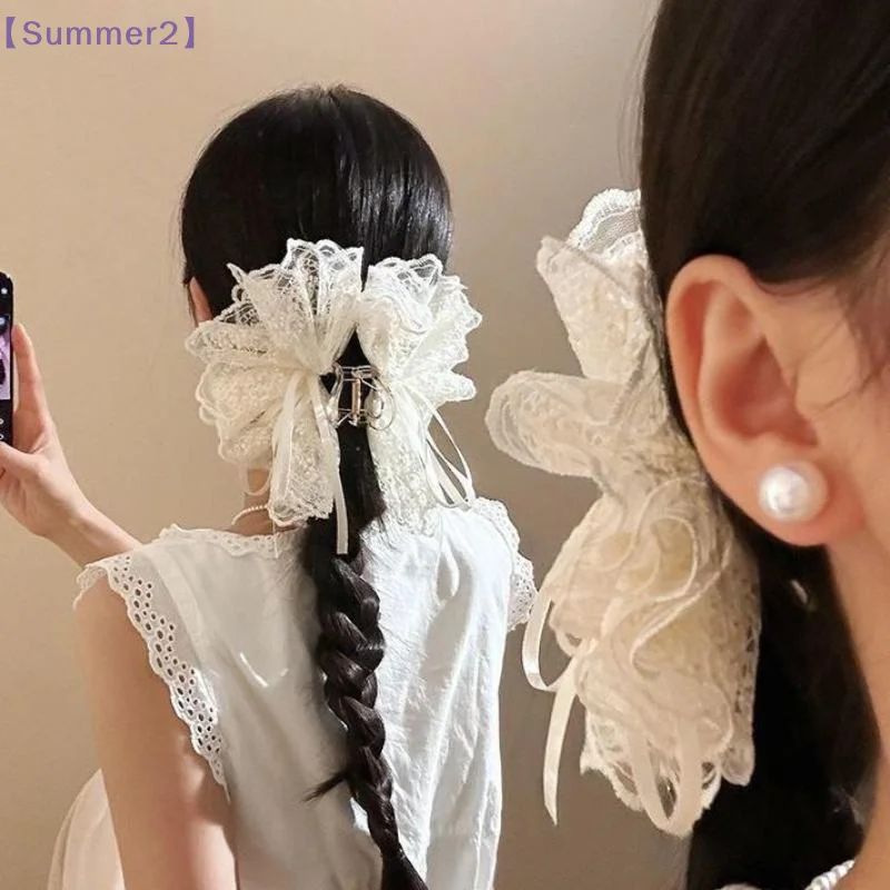 Hair Clip Claw Large - 【Xia2】French Elegant White Lace Bow Hair