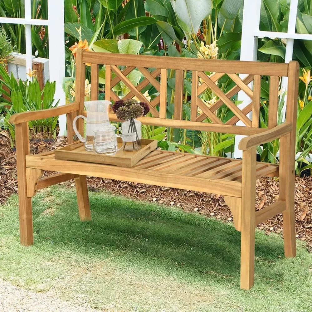 

Patio Wooden Bench, 4 Ft Foldable Acacia Wood Garden Bench, Outside Loveseat with Curved Backrest，Balcony Furniture