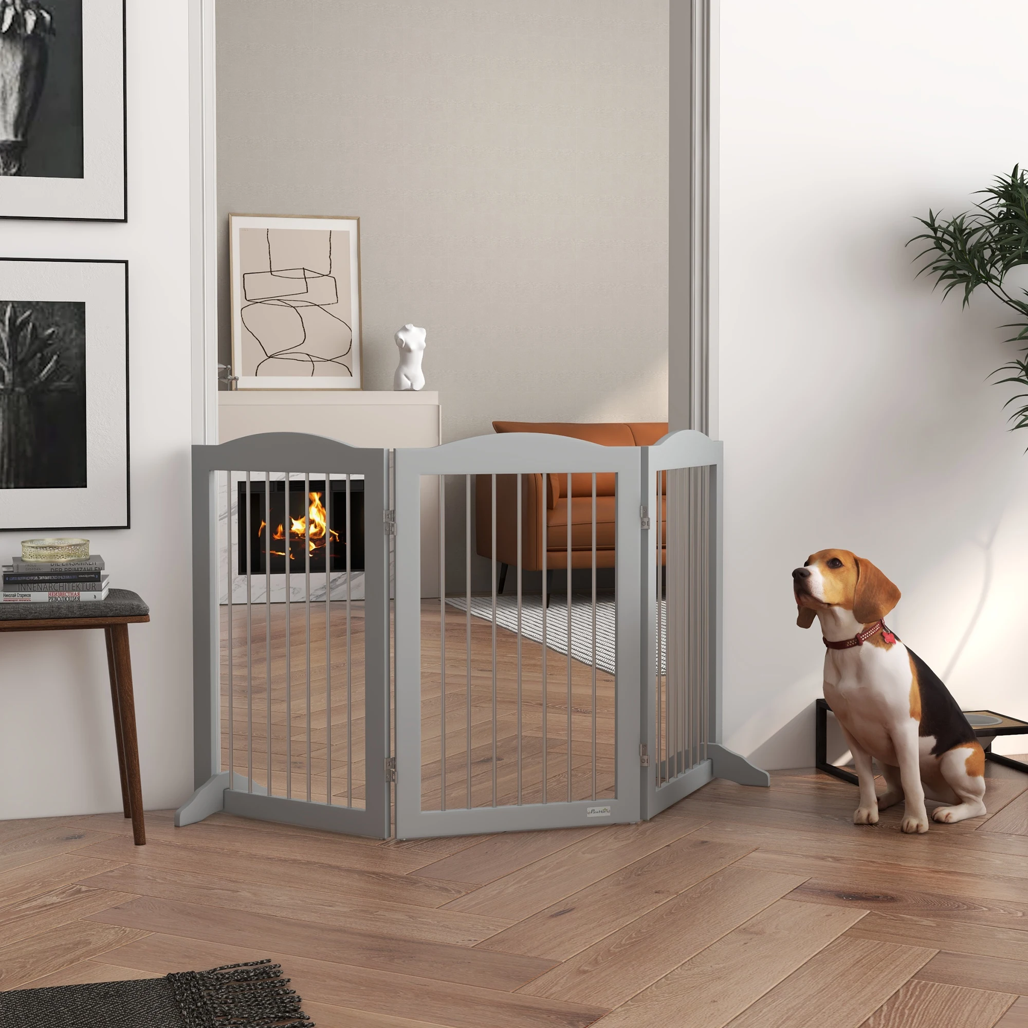 Pawhut Opvouwbaar Hondenveiligheidshek, 3 Panelen met 2 Steunpoten, 80cm Hoogte, Geschikt voor Deuropeningen, Gangen, Slaapkamers en Trappen, Grijs