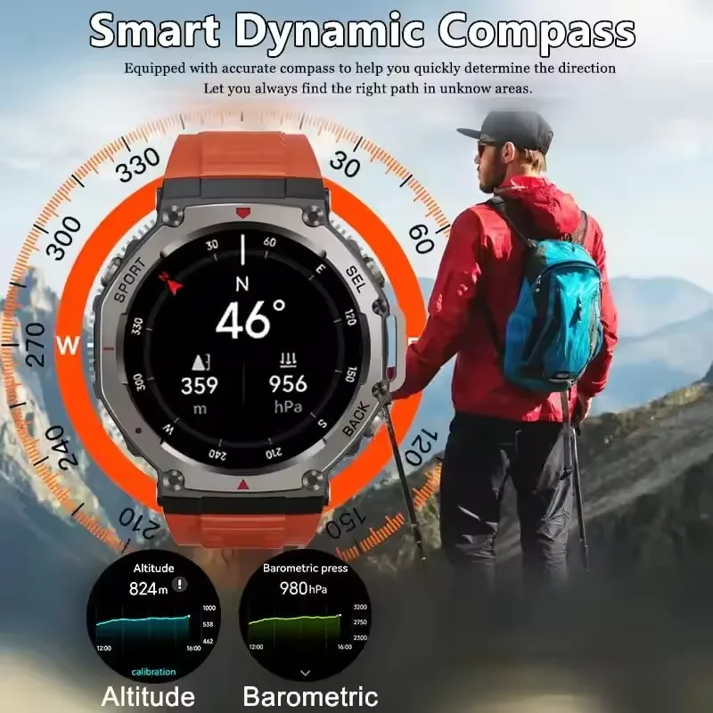 New GPS SmartWatches Men 5ATM Waterproof Compass MIL-STD 810H Grade Built-in Dual-band GPS Positioning 500mAh Military Watches
