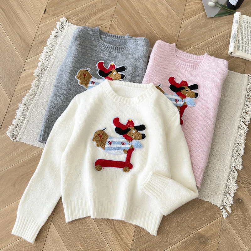 Cute Puppy Embroidered Sweater Women 2024 Autumn Winter New Round-neck Soft Waxy Knitted Sweater Female Pullover Tops