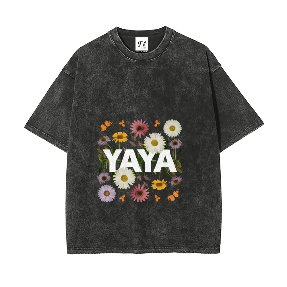 Yaya Floral Tee ดอกไม้สีสันผีเสื้อพิมพ์ Distressed Wash Casual หลวมแขนสั้นน่ารักส่วนบุคคลสบาย Top