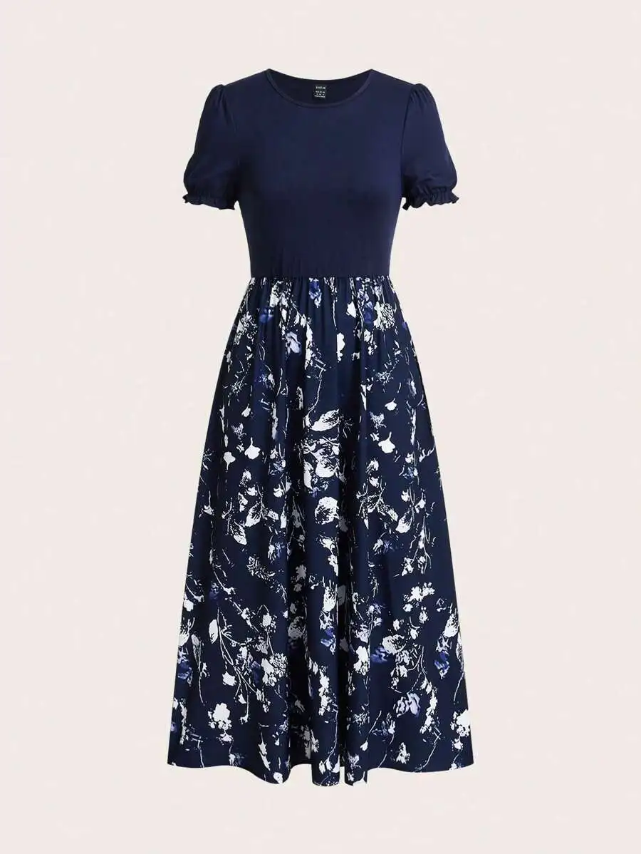 

Casual Floral Print Midi Dress With Puffed Sleeves For Women