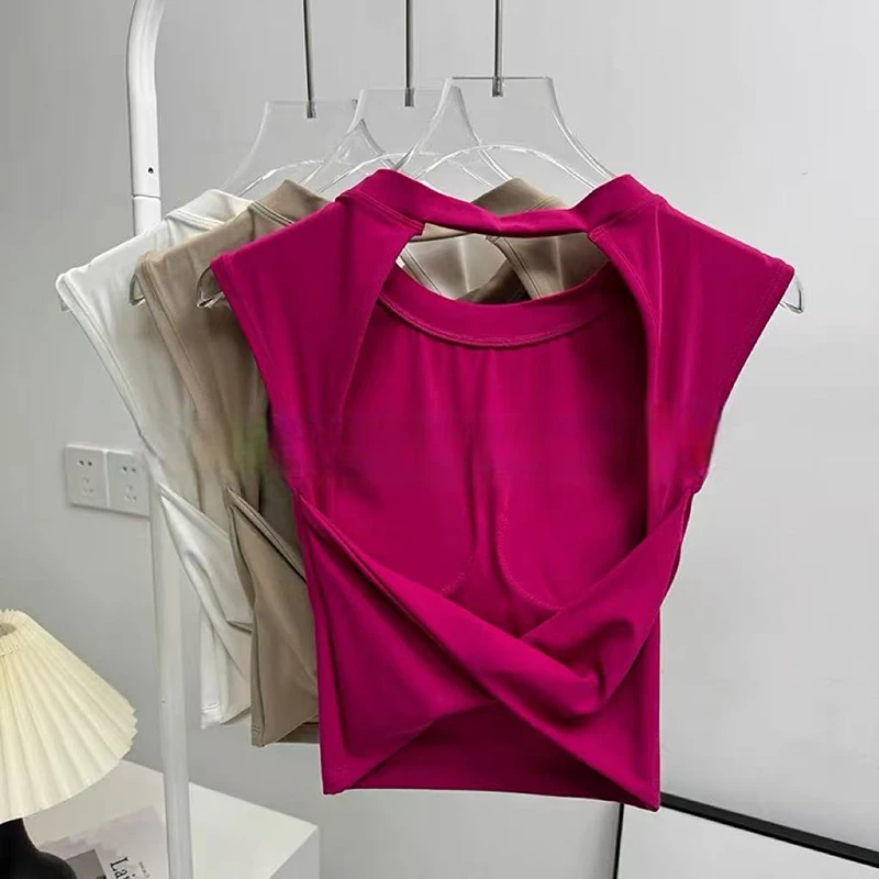 Sexy Short Backless Fixed Chest Pad Sports T-shirt Vest Women's Tight Fitting Quick Drying Slimming Yoga Suit Top Clothing image 4