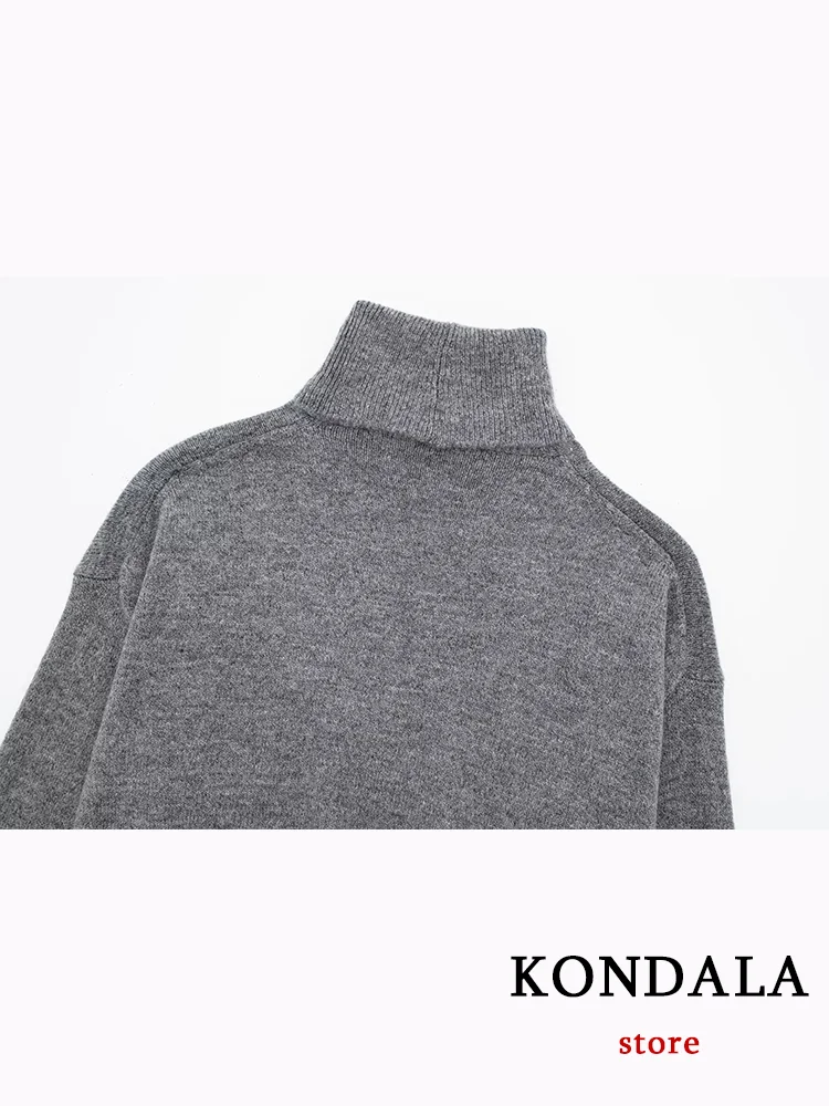 KONDALA Casual Chic Gray Knitted Women Suit Long Sleeve Turtleneck Sweaters Straight Mini Skirt Fashion 2023 Autumn Winter Sets