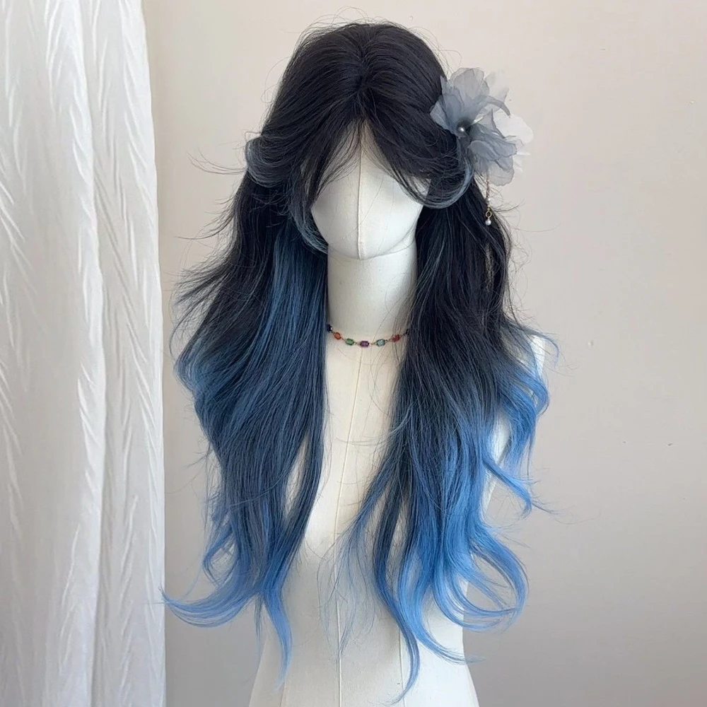 أسود أومبير الأزرق الاصطناعية المرأة شعر مستعار مع الانفجارات طويلة متموجة لوليتا تأثيري شعر مستعار رقيق مقاومة للحرارة للحزب اليومي #4