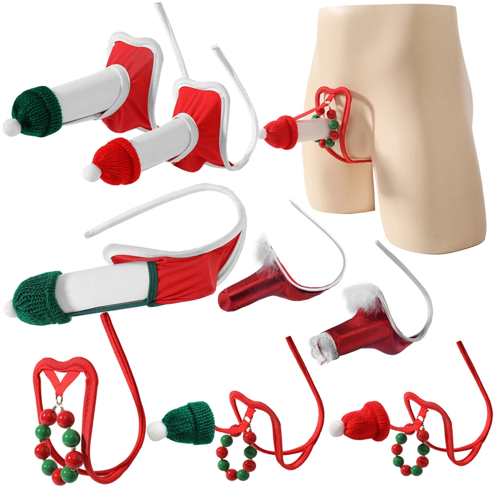 Sex Toy for Christmas decorations, Mens Christmas C-string Underwear for Sex tool, Hollow-out Front Mini Hat Mini Briefs for Xma