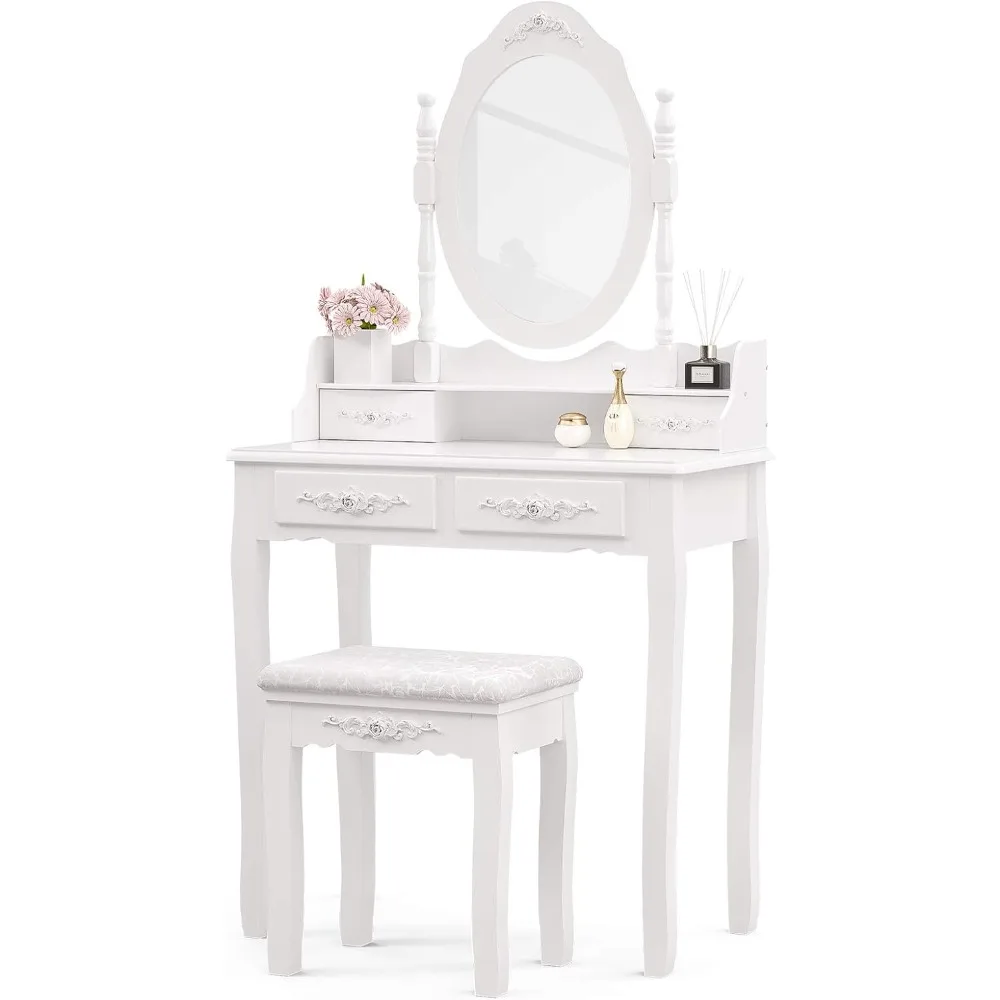 

Vanity Table Set ,Makeup Table Mirror & Stool, Bedroom Dressing Table 4 Drawers Made of Hardwood plus MDF,durable construction