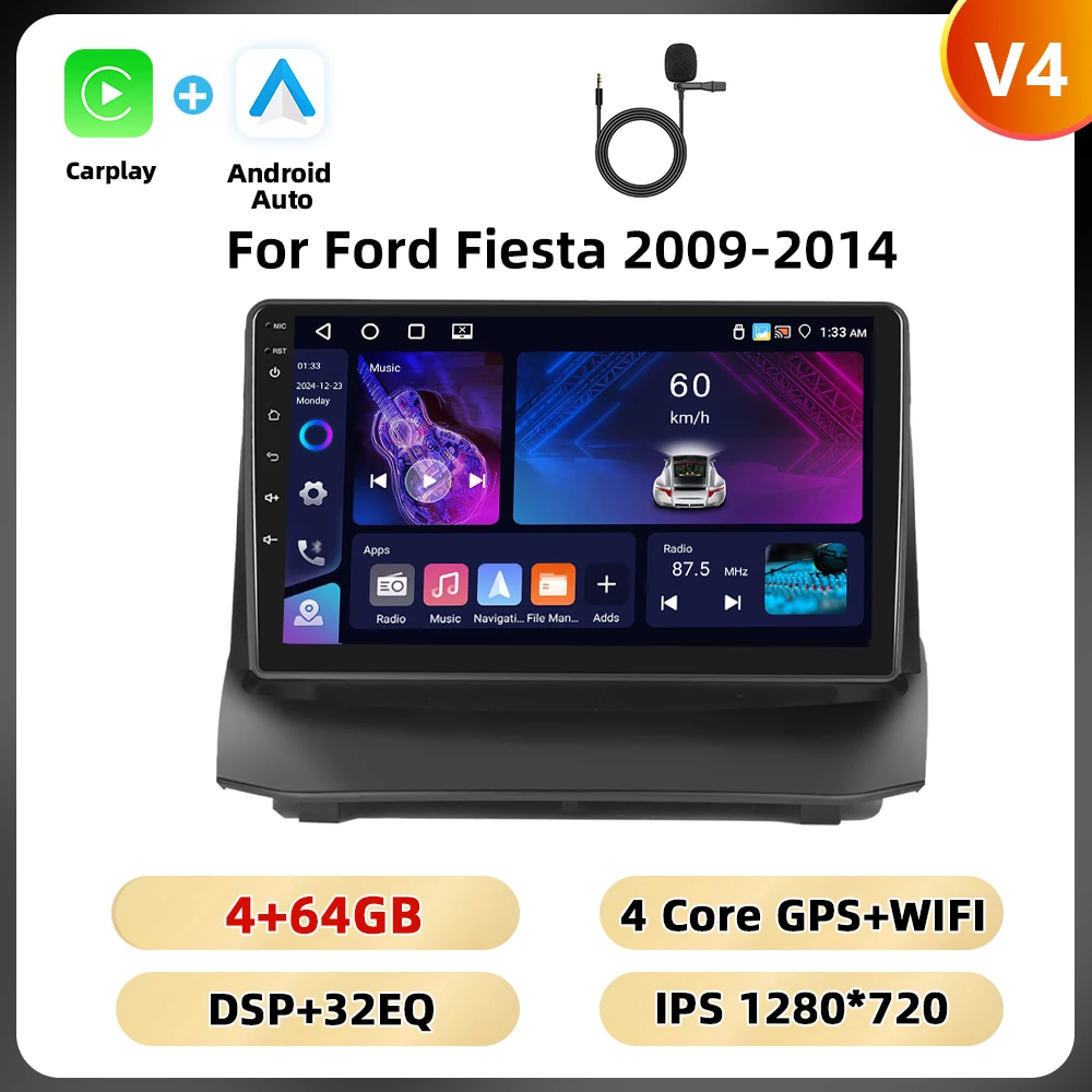 Podofo 2din 8Core Autoradio Voor Ford Fiesta 2009-2014 Multimediaspeler Gps Navigatie Wifi 4G Carplay Android Autoradio