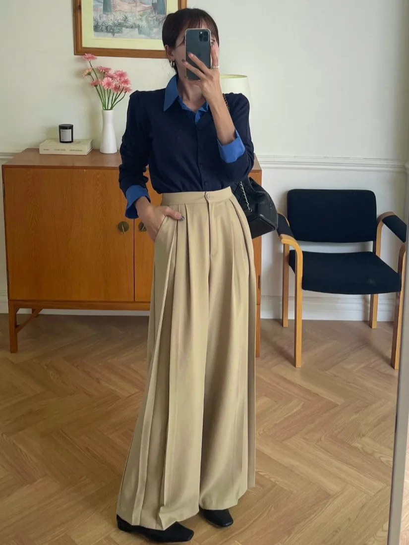Pantalon drapé taille haute à jambes larges pour femme, Long, décontracté, Chic, polyvalent, Design plissé, coréen, automne