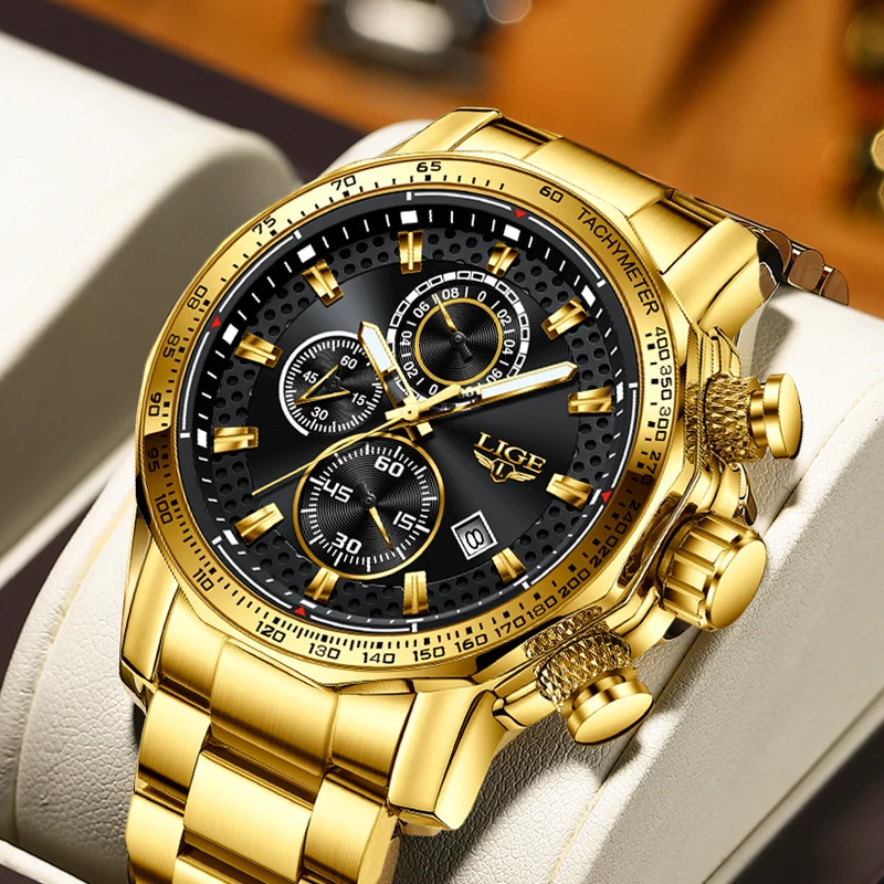 LIGE New Men's Watches Luxury Original Stainless Steel Waterproof Watch for Men Multifunctional Quartz Wristwatch Gold Men Watch