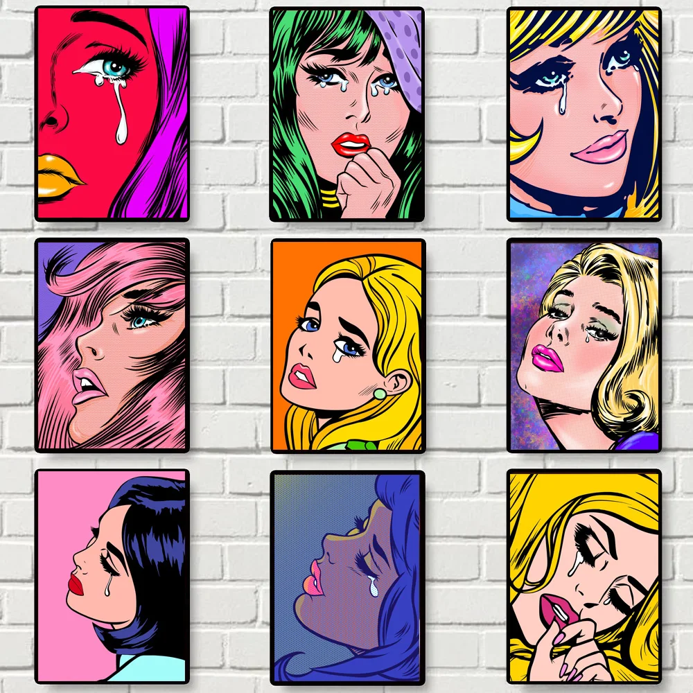 Comic Retro Abstract Crying Sad Beautiful Fashion Woman Posters Canvas Paint Prints Art Home Room Wall Pictures Decor Gift