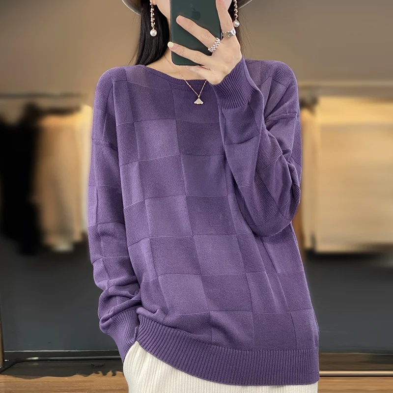 Autumn Winter New Women 100% Cotton Soft Sweater Round Collar Square Pattern Pullover Loose Fashion Knitwear Casual Base Top