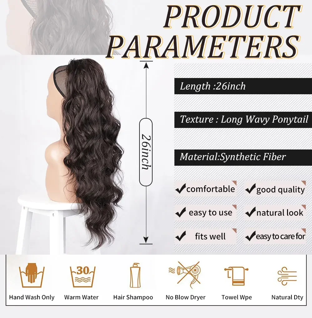 Krachtige Synthetische Lange Body Golvende Trekkoord Paardenstaart Voor Vrouwen Synthetische Golf Haarverlenging Clip In Haarstuk Zwart Nep Haar