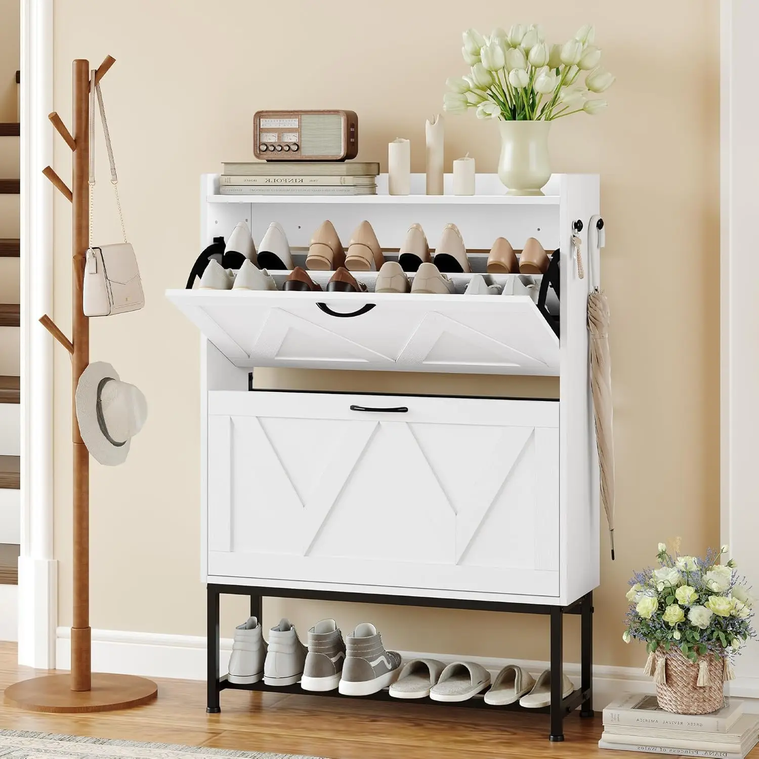 

Narrow Shoe Storage Cabinet with 2 Flip Drawers & Adjustable Shelf for Entryway, Freestanding Hidden Slim Shoe, Customized