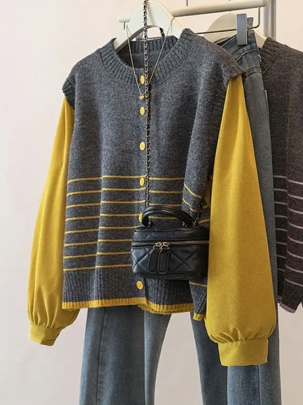 

Желтый полосатый свитер с длинными рукавами, женский, свободного кроя, весна 2026, большие размеры, модный топ, удобный вязаный джемпер с круглым вырезом