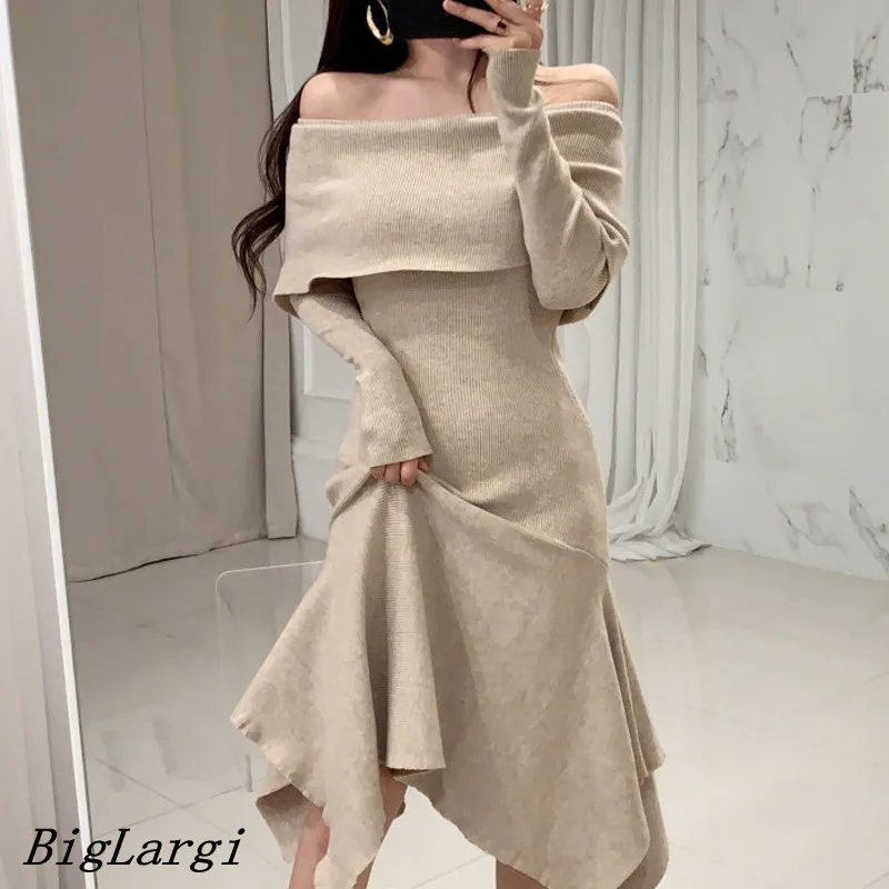 

2024 Sexy Off Shoulder Knitted Dress Women Elegant Casual Modis Loose Vintage Dress Vestidos Korean Dresses Women