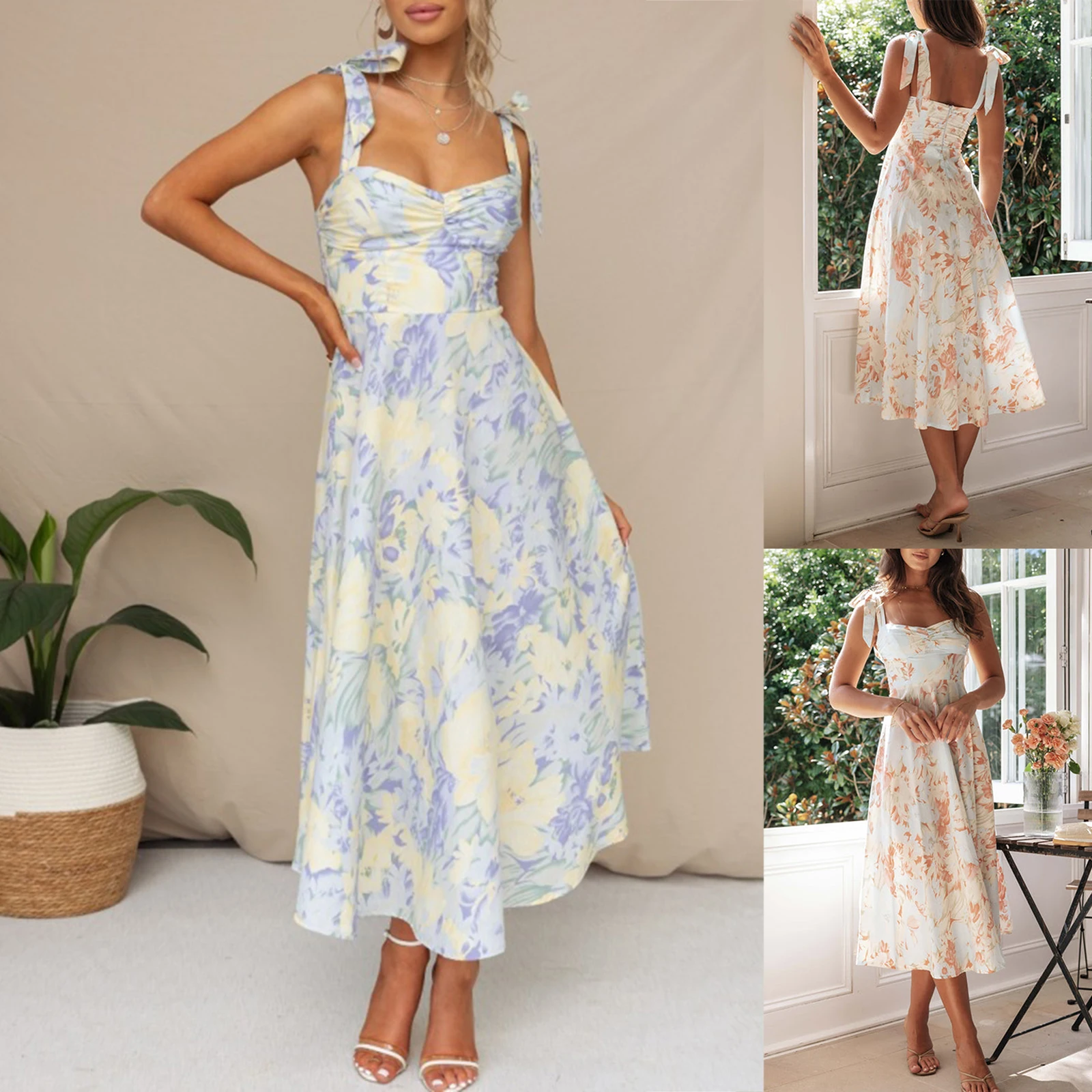 

Summer Women Sling A-Line Dress Sleeveless Low-cut Tie-up Flower Print Casual Long Dress for Cocktail Party