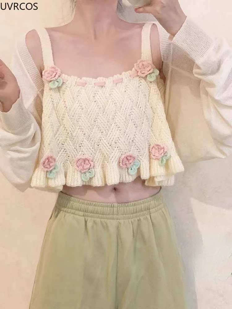 Japanese Kawaii Chic Tank Top Clothes Women Sweet Flower Embroidery Cute Knitted Tank Lady Preppy Style Sweater Vest Summer 2023