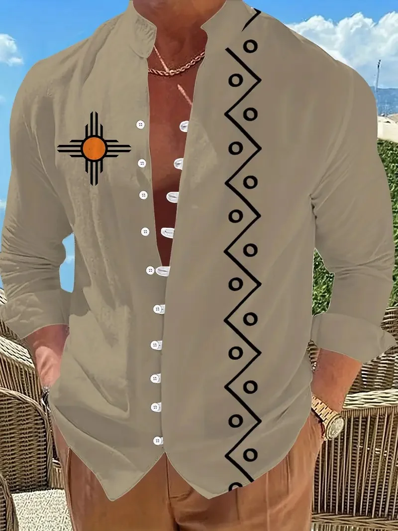 New Men's Bandage Round Collar High Quality Shirt Men's Solid Color Cotton Folding Casual Slim Long-Sleeved Shirt.