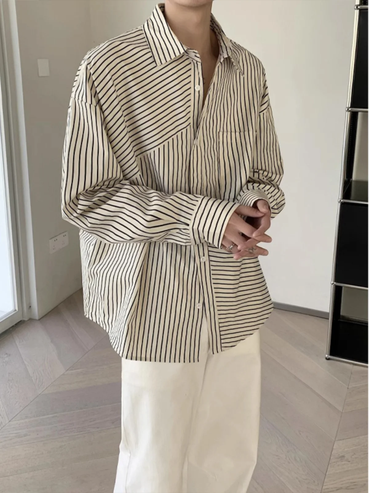 

Мужская полосатая рубашка Cleanfit, светло-коричневая, с длинным рукавом, для ношения под одеждой, весенняя, в корейском стиле, повседневная, свободного кроя, модная, весенняя рубашка