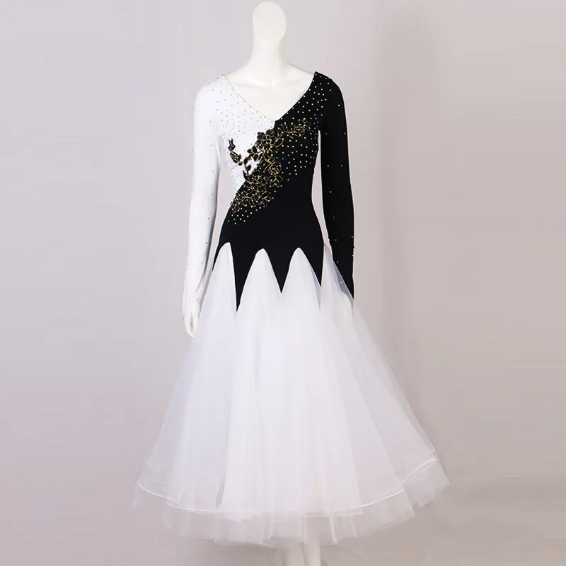 V‑neck long sleeve ballroom dance dress with color‑block splicing,rhinestone pattern and pointed full skirt,suitable for dance c