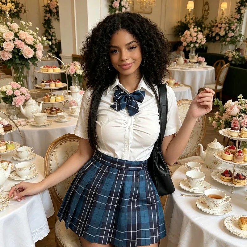 Japanese College Style Uniform Set, Slim Fit Short Sleeved Waist Cinched Shirt+plaid Pleated Skirt, College Style Outfit
