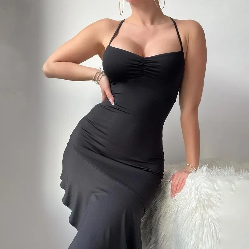 Spring Sexy Neck Hanging Back Cross Strap Slim Irregular Lotus Leaf Skirt Dress for Women Fashionable Casual Dress