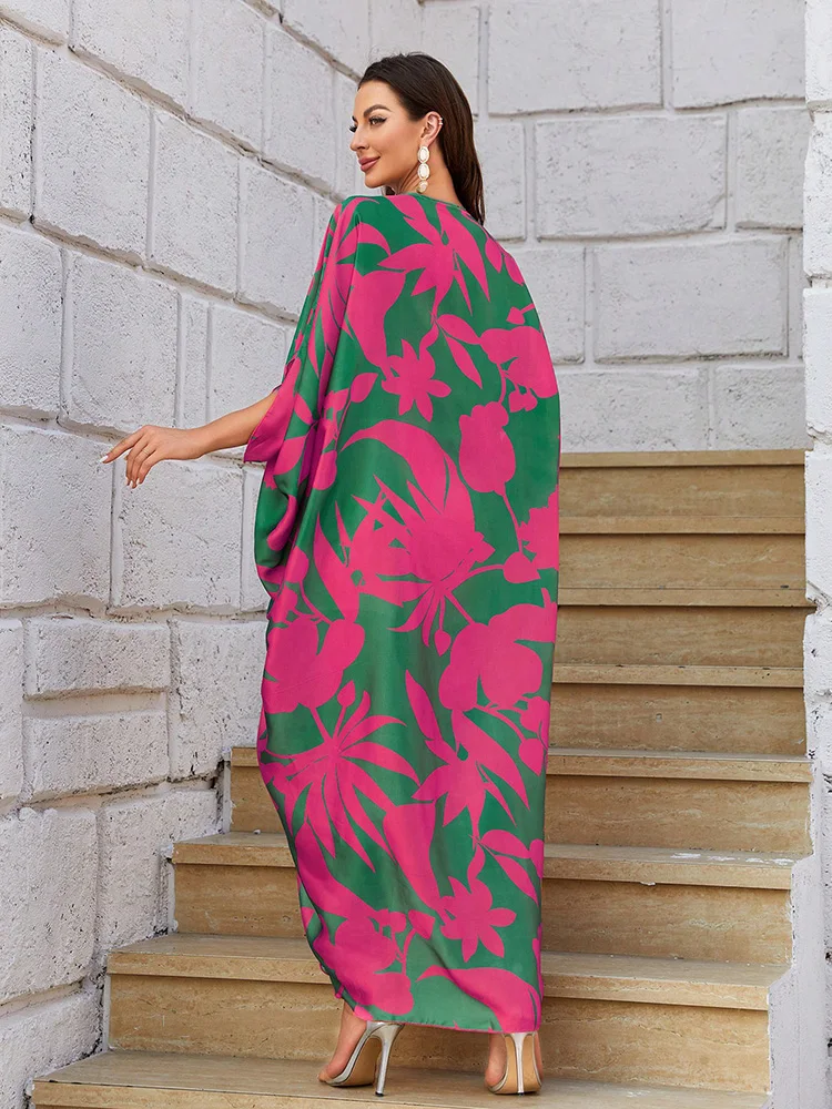 TOLEEN-Women Floral Print Long Dress, Batwing Sleeve, O-ring Detail, Asymmetrical Hem Dress, Casual Elegant, Arabian Summer 2024