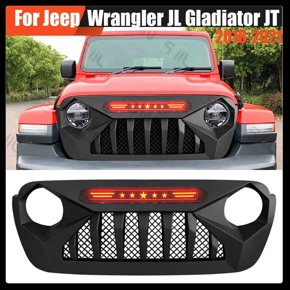 

Front Mesh Grill Racing Grills Accessories Offroad Bumper Grille Cover with Light For Jeep Wrangler JL Gladiator JT 2018-2021
