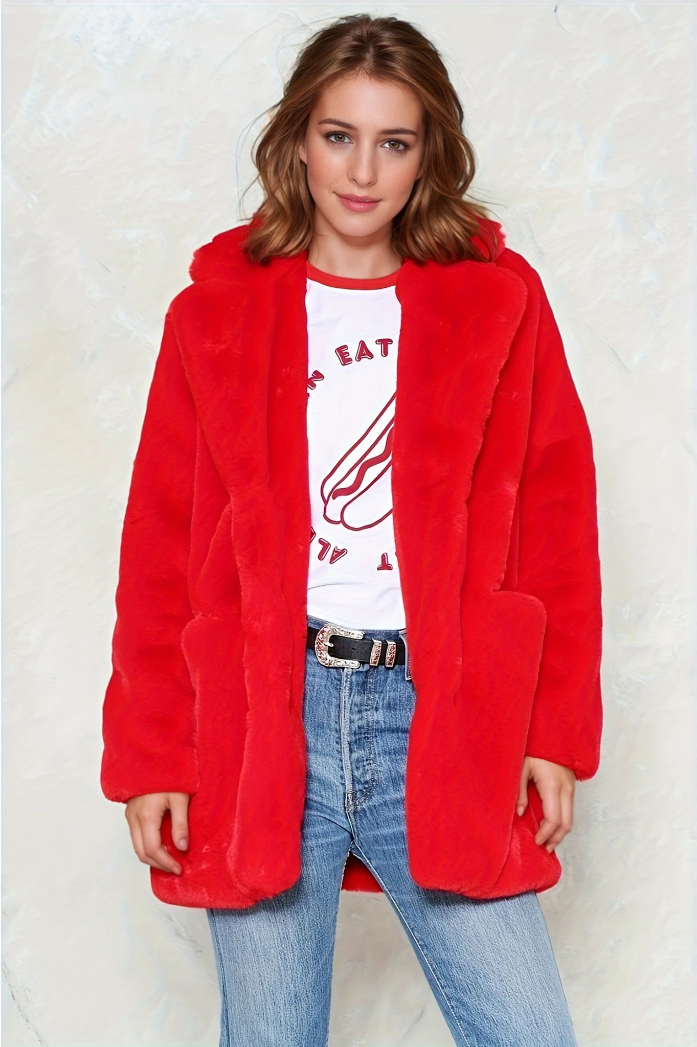 Elegant Directional Faux Rex Rabbit Fur Coat for Women - Mid-Length Solid Color Coat ,Fall Winter Casual Commuter Outerwear