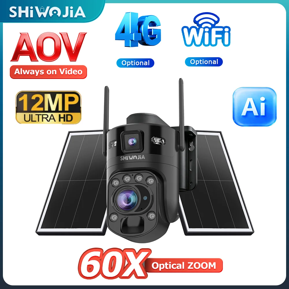 SHIWOJIA 12MP 60X Zoom 4G/ Wifi Solar Camera AOV 24/7 Video Recording Humanoid Ai Tracking Outdoor WIFI Security Camera CCTV