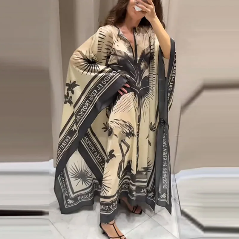 2023 Lente Nieuwe Vleermuis Mouw Gewaad Maxi Jurk Dames Elegante Coltrui Losse Feestjurk Vrouwen Chic Geplooide Grafische Banket Jurk - afbeelding 2