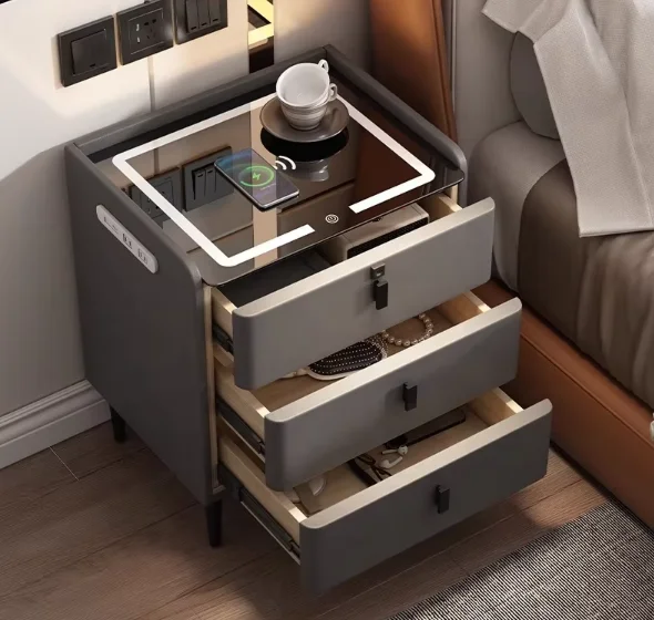 ！@Italian Modern Three-Drawer Bedside Table Wireless Charging Wooden Multifunctional Bedroom Furniture Home Smart Simple Storage
