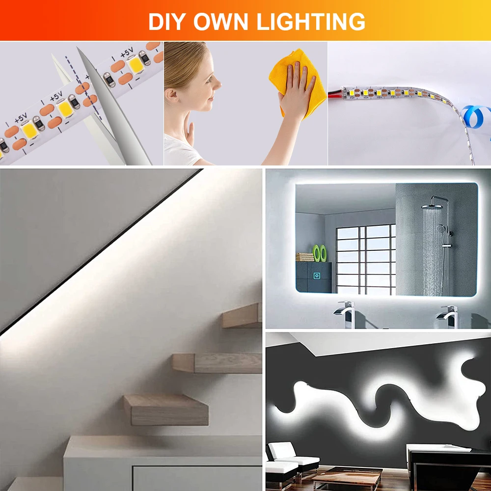 3MM 5MM 8MM PCB 5V 2835 LED Strip Light 120LEDs/m Flexible Tape High Bright 1 LED Cut Warm Natural White Kitchen Rome Home Decor