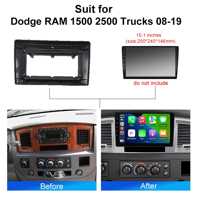 10 Inch Fascia For Dodge RAM 1500 2500 Trucks 2008-2019 Car Radio Panel Player Audio Frame Dashboard Mount Kit With Wire