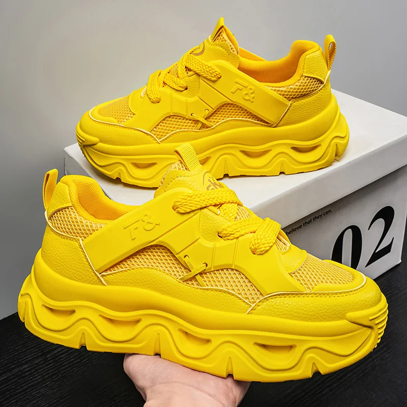Men's Mesh Breathable Dad Shoes Trendy Thick-Soled Height-Increasing Casual Sneakers with Chunky Shoelaces, Color-Blocking Design, Wave-Shaped Shock-Absorbing Outsole, Versatile for Everyday Wear