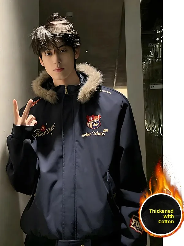 

Мужская зимняя куртка-жакет в ретро-американском стиле с вышивкой, утепленная, с капюшоном, верхняя одежда, с большим меховым воротником...