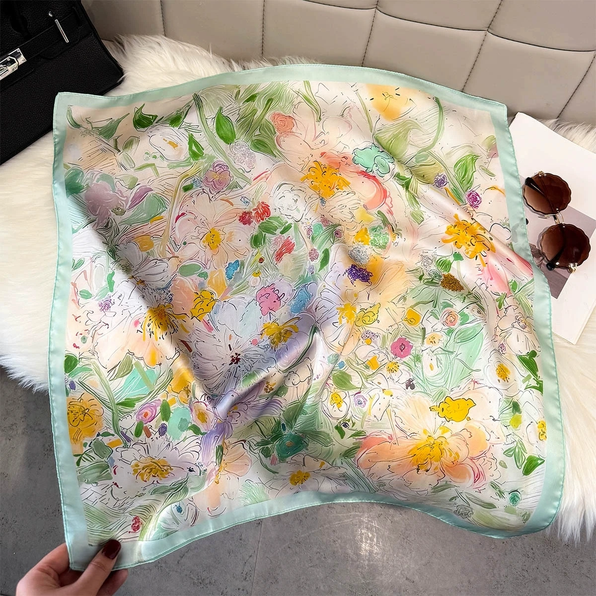 2026 Spring and Summer Fresh Watercolor Floral Square Scarf Imitation Silk Versatile Shirt Decoration Neckerchief 2pc/lot
