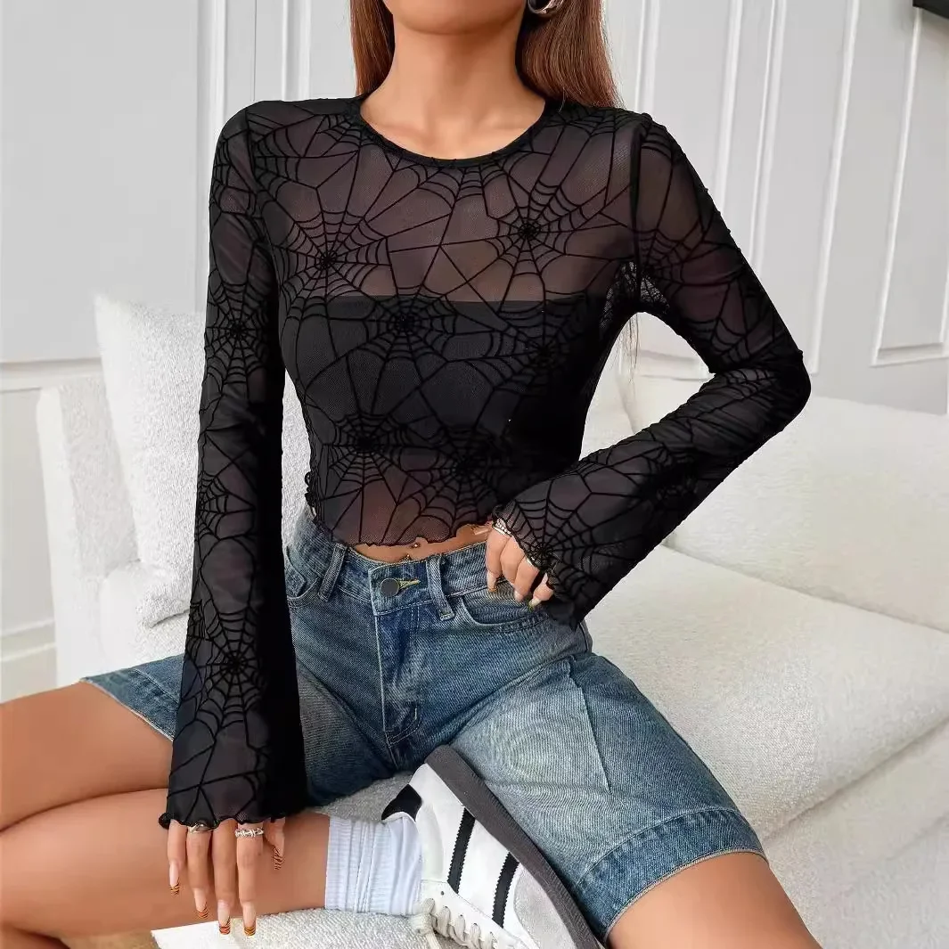 

2025 Spider Mesh Yarn Crop Top Long Sleeves Top Sexy Fairy Grunge Clothes Transparent Club Streetwear T-shirt Women Summer Y2k