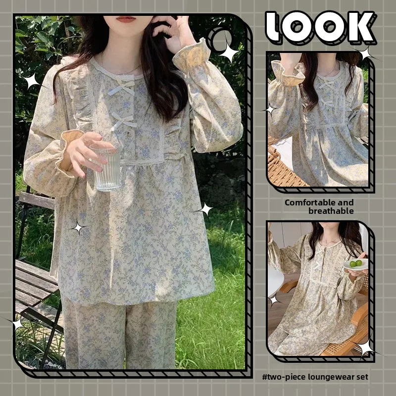 Korean-Style Long-Sleeve and Long-Pants Pajamas for Women, Autumn and Winter, Sweet Princess Homewear, Spring and Autumn Set