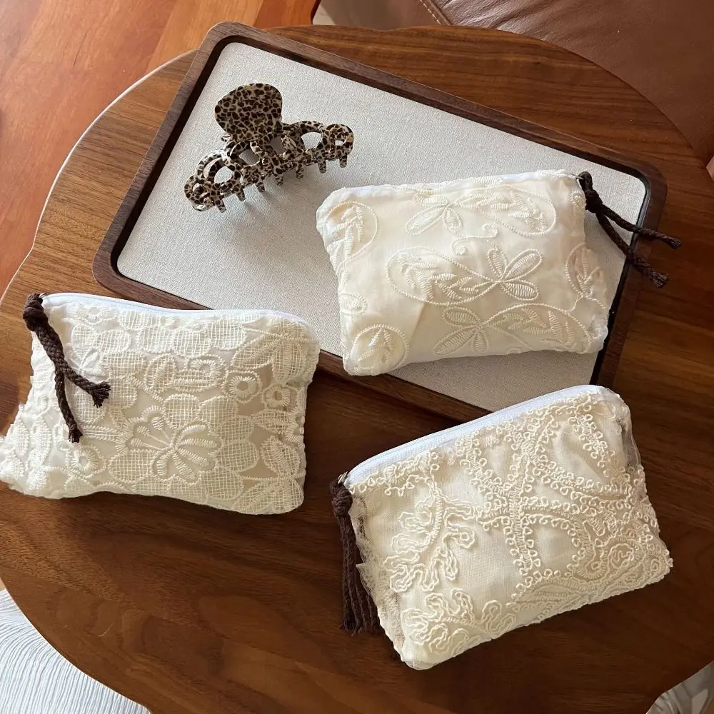 Organza Lace Embroidered Storage Bag Flower Embroidery Small Makeup Bag Cute Lightweight Sanitary Napkin Storage Bag