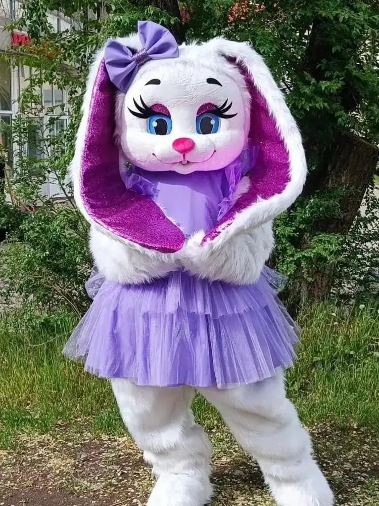 

Cute White Hare Rabbit Mascot Costume with Purple Dress Halloween Party Fancy Dress Cosplay Outfits For Adult