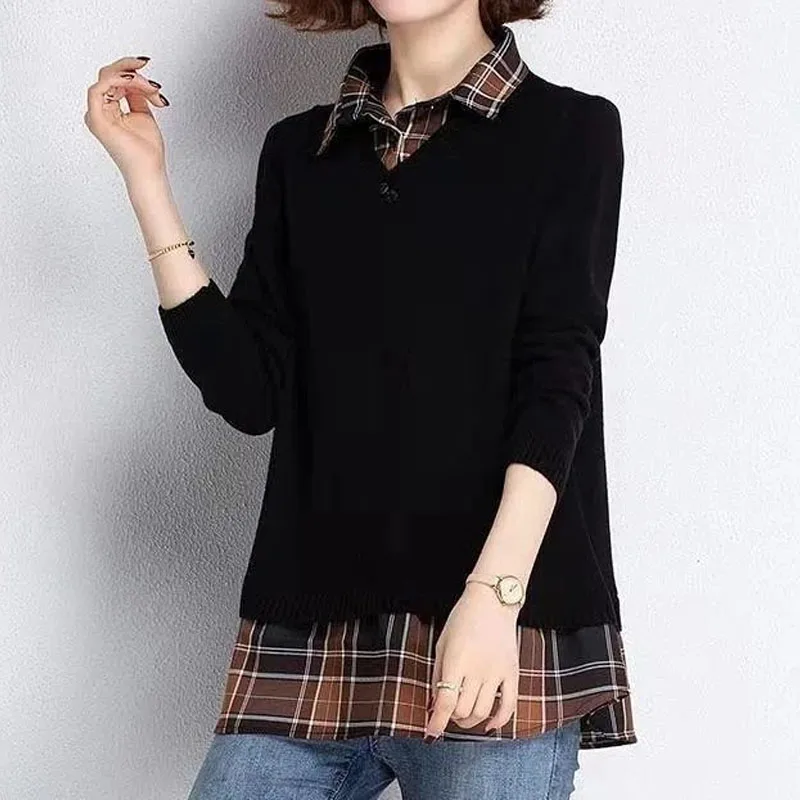 2023 All-match Female Plaid Spliced Fashion Sweaters Elegant Casual Fake Two Pieces Knitted Tops Spring Autumn Women\'s Clothing