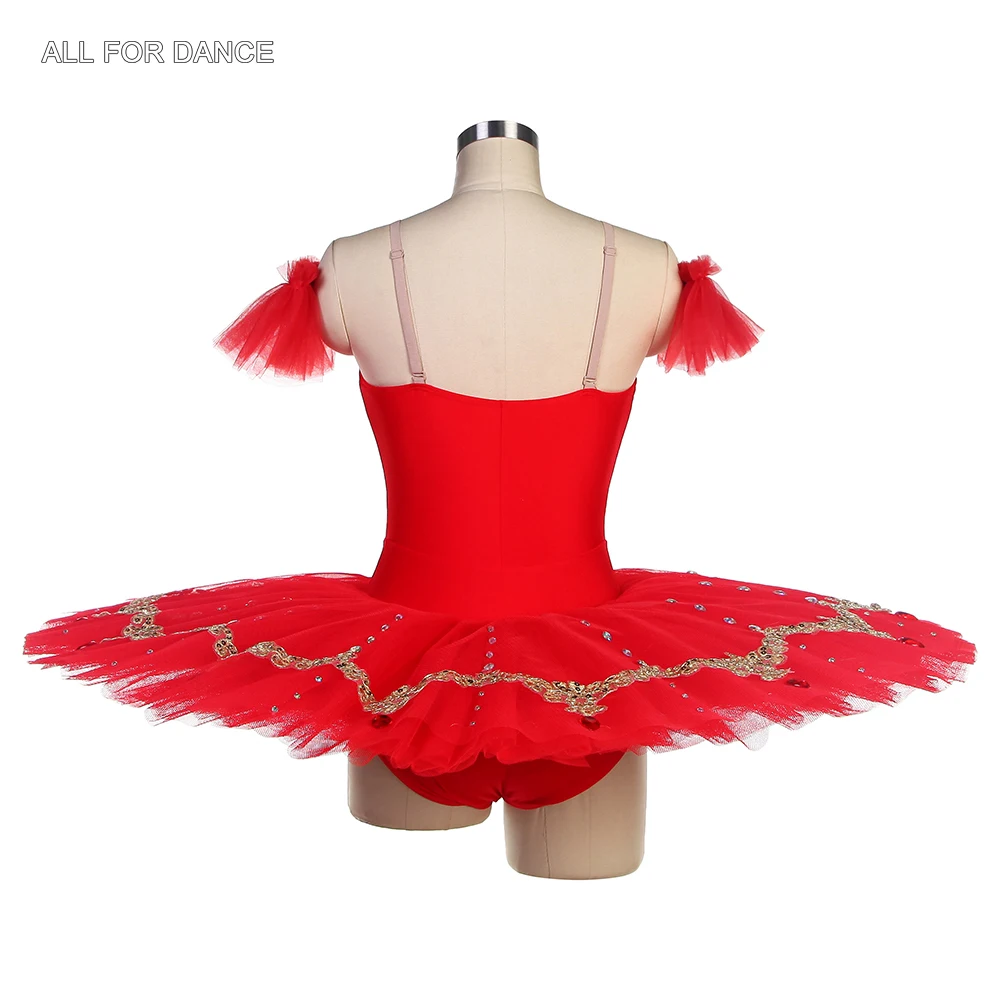 BLL553 Red Spandex Bodice Pre-professional Ballet PancakeTutu with Gold Trims Perforamcne Ballet Tutu Red Tulle Tutu