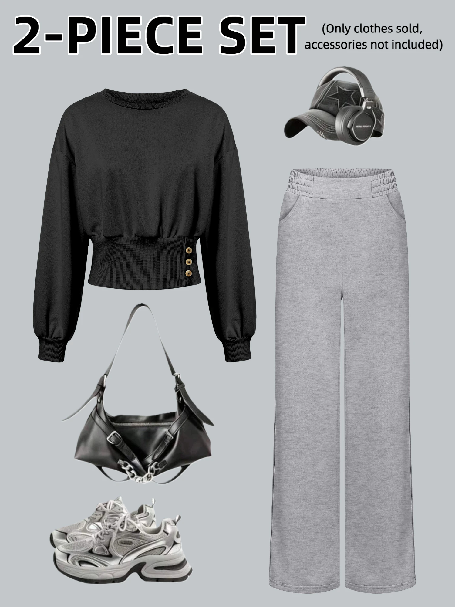 

2026 New Women's Casual Tracksuit, Cropped Long Sleeve Sweatshirt & Elastic Waist Wide Leg Pants, All-Match Streetwear Outfit
