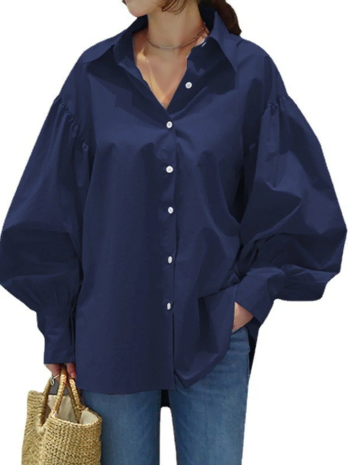 

Retro Collar Long Sve irt Street Sle Loose Fit Pure Color Button up Casual Faion Women's Premium irt