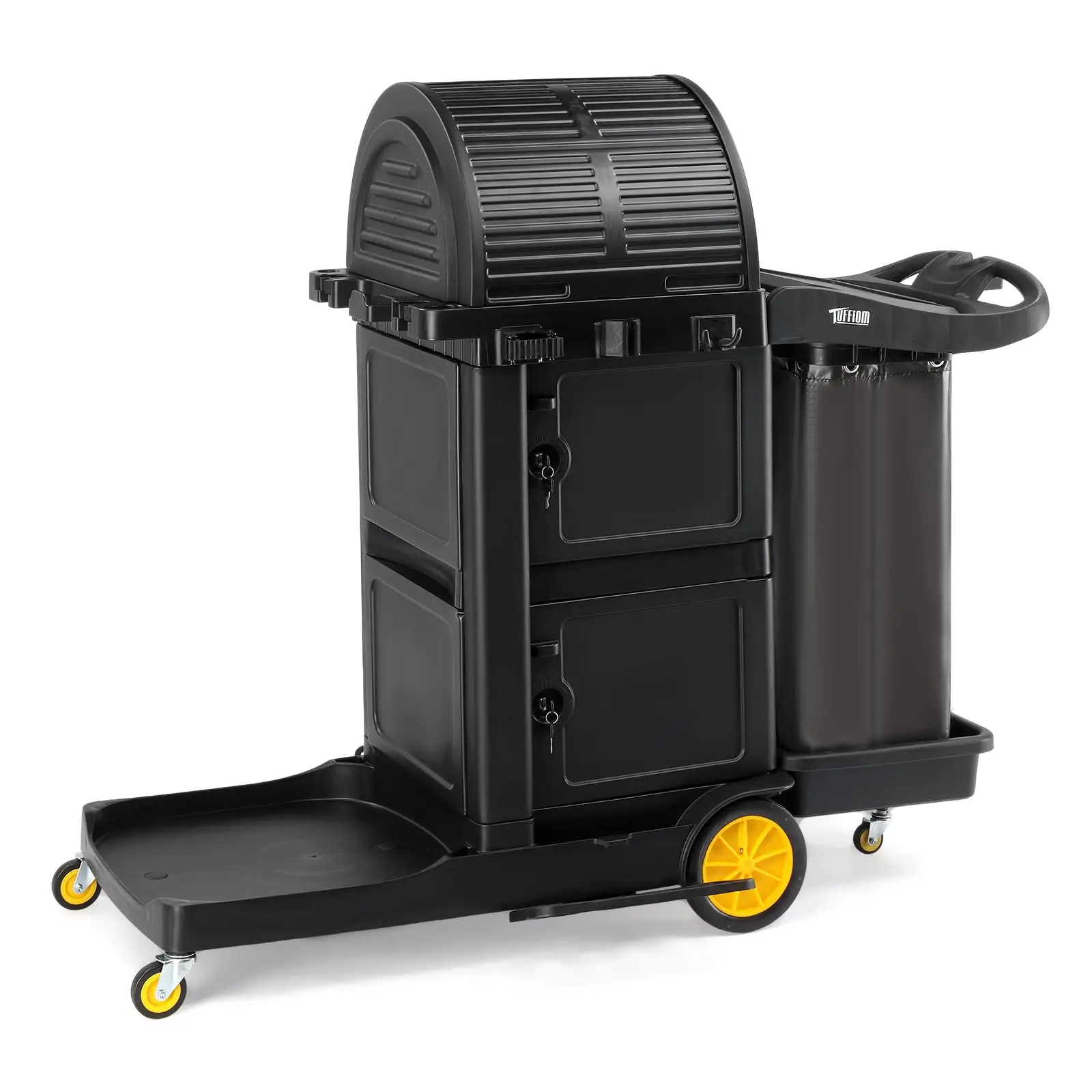 Janitorial Cart with Key-Locking Cabinet, 3-Shelf Commercial Cleaning Cart with Wheels, Housekeeping Caddy with Locker