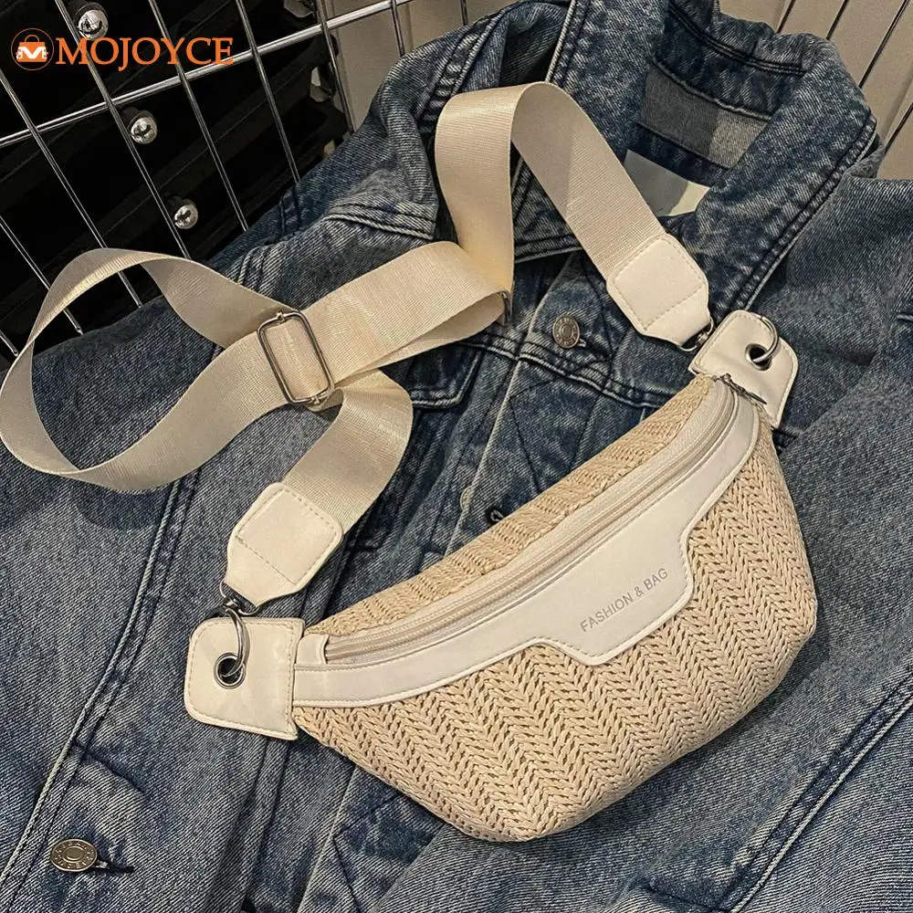 Straw Weaving Waist Bag for Women Boho Patchwork Crossbody Bag Adjustable Strap Braided Fanny Pack Summer Woven Belt Bag Bum Bag