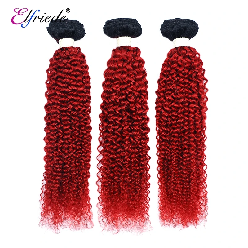 ElfriKawasaki Kinky Curly Hair Extensions, Pacotes de cabelo humano, Ombre Colored, Remy Hair, 3 ou 4 Pacotes, Promoções, T1B, Vermelho, 100%